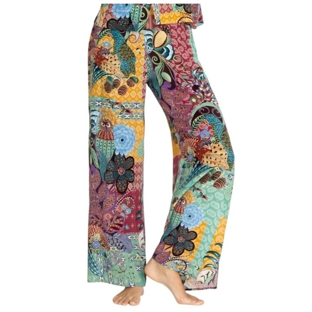 Johnny Was Brooklyn 100% Silk Pants Paisley Owl Wide Leg With Slit, Size XS